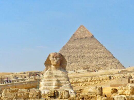 Great Sphinx and Pyramid of Khafre at the Giza Plateau during a private Cairo day trip from Hurghada Egypt